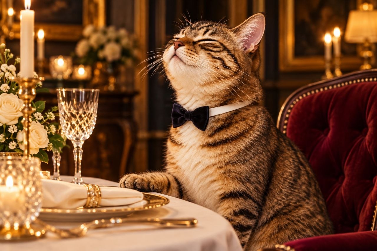 Cash Cate wearing a bow tie at a candlelit dining table with crystal glassware and a velvet chair